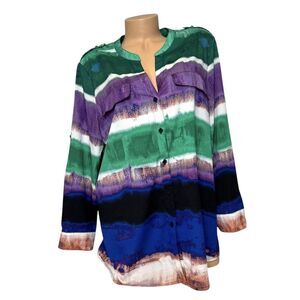 CALVIN KLEIN Women's EXTRA LARGE Blouse Roll Tab  Sleeves Button Up Faux Pockets